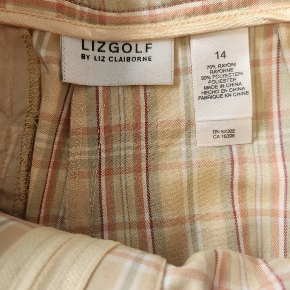 LIZ CLAIBORNE Liz Golf Skort Skirt Size 14 Yellow Beige Green Plaid EUC‎